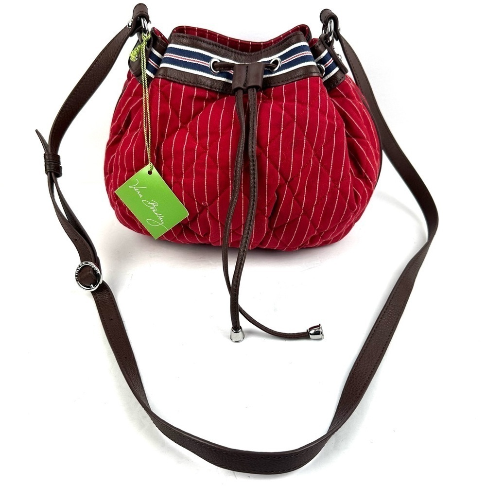 Vera Bradley Drawstring Crossbody Red White Striped Handbag Purse Brand New‎